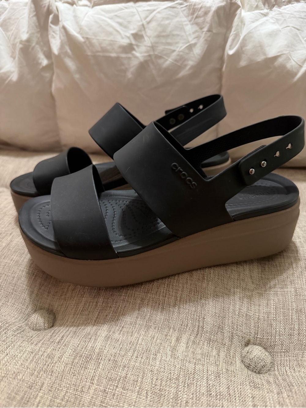 CROCS Women's Black Upper Tan Platform Slingback Sandals